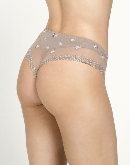 The Brazilian Shorty from the Chantilly line by Louisa Bracq offers a sleek, refined look through its geometric leg-lines and accompanying stunningly iridescent medallions.