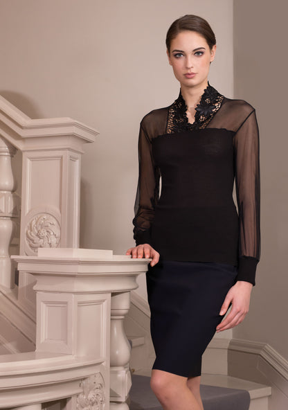 Black luxury Wool-Silk tulle sleeve top at Di Moda Lingerie Toronto, Made in Italy