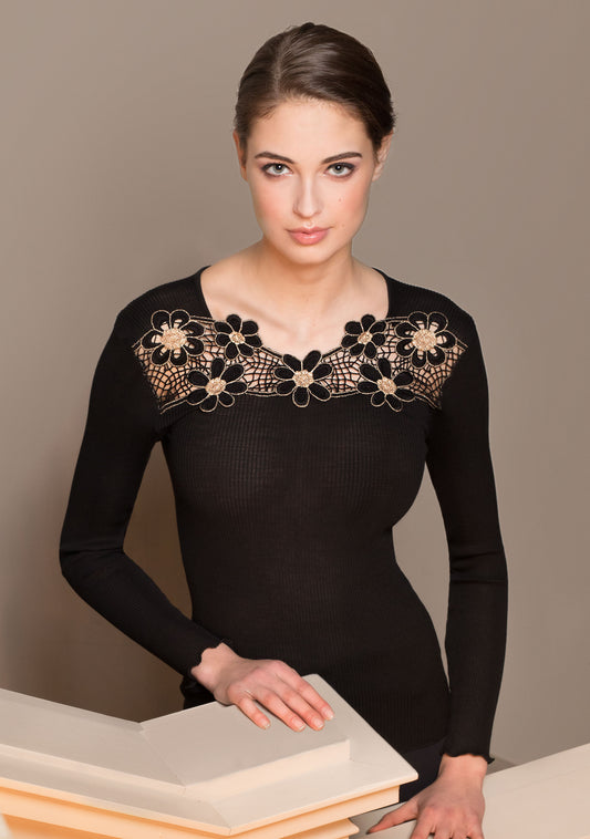 Balck Luxury Wool-Silk  Battenberg Lace Top at Di Moda Lingerie Toronto