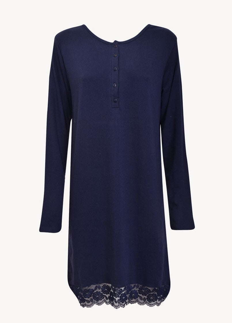 Navy Blue Bottom Lace Cotton Nightgown by SIeLEI Italy
